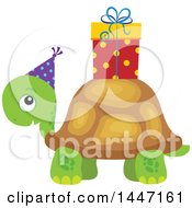 Poster, Art Print Of Cute Party Tortoise Turtle Wearing A Party Hat With A Birthday Gift On His Shell