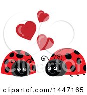 Clipart Of A Cute Ladybug Couple Under Valentine Love Hearts Royalty Free Vector Illustration