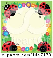 Poster, Art Print Of Cute Ladybug And Flower Frame On Beige And Green