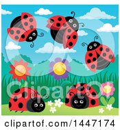 Poster, Art Print Of Group Of Ladybugs And Flowers In A Garden
