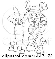 Poster, Art Print Of Cartoon Black And White Happy Gardener Bunny Rabbit Digging Up A Giant Carrot