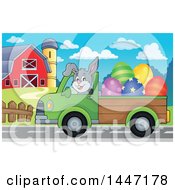 Poster, Art Print Of Cartoon Happy Easter Bunny Rabbit Transporting Eggs From A Farm In A Pickup Truck