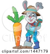 Clipart Of A Cartoon Happy Gardener Bunny Rabbit Digging Up A Giant Carrot Royalty Free Vector Illustration by visekart