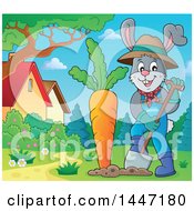 Poster, Art Print Of Cartoon Happy Gardener Bunny Rabbit Digging Up A Giant Carrot In A Yard