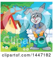 Poster, Art Print Of Cartoon Happy Gardener Bunny Rabbit Using A Watering Can In A Yard