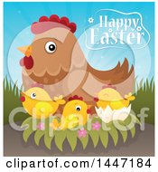 Clipart Of A Happy Easter Greeting With A Hen And Chicks On A Nest Royalty Free Vector Illustration