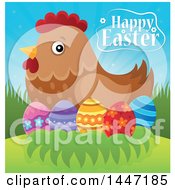 Poster, Art Print Of Happy Easter Greeting With A Hen And Eggs On A Nest