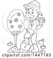 Poster, Art Print Of Black And White Lineart Male Gardener Planting A Tree