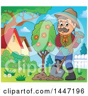 Poster, Art Print Of Cartoon Caucasian Male Gardener Planting A Tree In A Yard