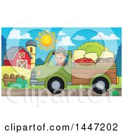 Cartoon Caucasian Male Farmer Transporting His Food In A Pickup Truck