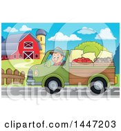 Poster, Art Print Of Cartoon Caucasian Male Farmer Transporting His Food In A Pickup Truck