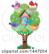 House And Birds In A Tree With Spring Blossoms