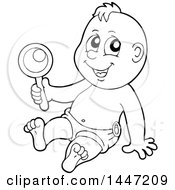 Clipart Of A Black And White Lineart Baby Boy Playing With A Rattle Royalty Free Vector Illustration