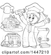 Clipart Of A Cartoon Black And White Lineart Graduate Boy And School Items Royalty Free Vector Illustration