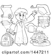 Clipart Of A Cartoon Black And White Lineart Graduate Girl And School Items Royalty Free Vector Illustration