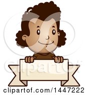 Clipart Of A Retro African American Girl Smiling Over A Blank Ribbon Banner Royalty Free Vector Illustration