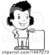 Clipart Of A Retro Black And White African American Girl With A Blank Sign Royalty Free Vector Illustration