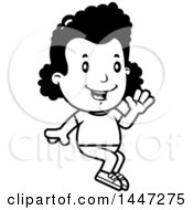 Clipart Of A Retro Black And White African American Girl Sitting And Waving Royalty Free Vector Illustration