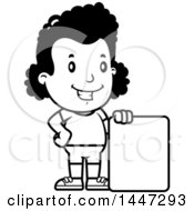 Clipart Of A Retro Black And White African American Girl In Shorts With A Blank Sign Royalty Free Vector Illustration