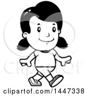 Clipart Of A Black And White Retro Girl Walking In Shorts Royalty Free Vector Illustration