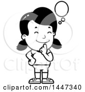 Clipart Of A Black And White Retro Thinking Girl In Shorts Royalty Free Vector Illustration
