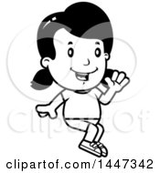 Clipart Of A Black And White Retro Girl Sitting And Waving In Shorts Royalty Free Vector Illustration
