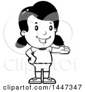Clipart Of A Black And White Retro Presenting Girl In Shorts Royalty Free Vector Illustration