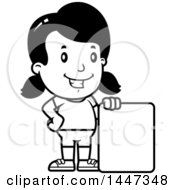 Clipart Of A Black And White Retro Girl In Shorts With A Blank Sign Royalty Free Vector Illustration