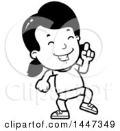 Clipart Of A Black And White Retro Girl In Shorts Doing A Happy Dance Royalty Free Vector Illustration