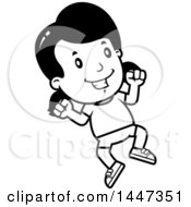 Clipart Of A Black And White Retro Girl Jumping In Shorts Royalty Free Vector Illustration