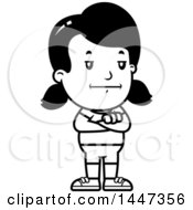 Clipart Of A Black And White Retro Bored Or Stubborn Girl In Shorts Standing With Folded Arms Royalty Free Vector Illustration