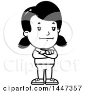 Clipart Of A Black And White Retro Bored Or Stubborn Girl Standing With Folded Arms Royalty Free Vector Illustration