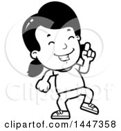Clipart Of A Black And White Retro Girl Doing A Happy Dance Royalty Free Vector Illustration