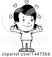 Clipart Of A Black And White Retro Girl With Open Arms And Love Hearts Royalty Free Vector Illustration