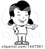 Clipart Of A Black And White Retro Girl Laughing And Pointing Royalty Free Vector Illustration