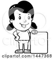 Clipart Of A Black And White Retro Girl With A Blank Sign Royalty Free Vector Illustration