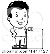 Clipart Of A Retro Black And White African American Boy With A Blank Sign Royalty Free Vector Illustration