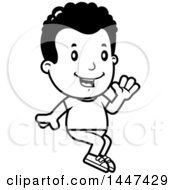 Clipart Of A Retro Black And White African American Boy Waving And Sitting Royalty Free Vector Illustration