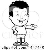 Clipart Of A Retro Black And White African American Boy In Shorts Laughing And Pointing Royalty Free Vector Illustration
