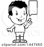 Clipart Of A Retro Black And White Talking African American Boy In Shorts Royalty Free Vector Illustration