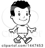 Clipart Of A Retro Black And White African American Boy Walking In Shorts Royalty Free Vector Illustration