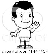 Clipart Of A Retro Black And White Waving African American Boy In Shorts Royalty Free Vector Illustration