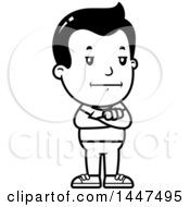 Clipart Of A Retro Black And White Bored Or Stubborn Boy Standing With Folded Arms Royalty Free Vector Illustration