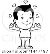 Clipart Of A Retro Black And White Boy With Open Arms And Love Hearts Royalty Free Vector Illustration