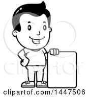 Clipart Of A Retro Black And White Boy With A Blank Sign Royalty Free Vector Illustration