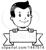 Clipart Of A Retro Black And White Black And White Boy Smiling Over A Blank Ribbon Banner Royalty Free Vector Illustration