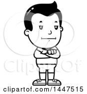 Clipart Of A Retro Black And White Bored Or Stubborn Boy In Shorts Standing With Folded Arms Royalty Free Vector Illustration