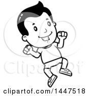 Clipart Of A Retro Black And White Boy Jumping In Shorts Royalty Free Vector Illustration
