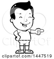Clipart Of A Retro Black And White Boy In Shorts Laughing And Pointing Royalty Free Vector Illustration