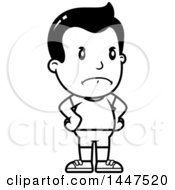 Clipart Of A Retro Black And White Angry Boy In Shorts With Hands On His Hips Royalty Free Vector Illustration